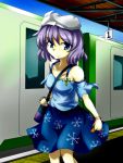  1girl alternate_costume bag blue_eyes blush breasts contemporary hat highres lavender_hair letty_whiterock short_hair skirt smile solo ticket touhou train 