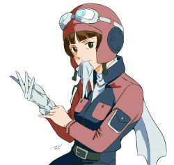  1girl belt brown_hair commentary_request dated eyelashes glove_in_mouth gloves goggles goggles_on_head gundam helmet highres looking_at_viewer mouth_hold pgmajimaji pilot_helmet red_helmet short_hair signature simple_background sochie_heim solo standing turn_a_gundam white_background white_gloves 