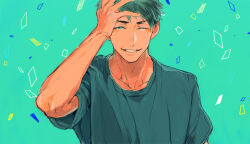  1boy aqua_background bilingual_commentary collarbone commentary_request confetti english_commentary free! green_eyes green_hair green_shirt hand_on_own_head looking_at_viewer male_focus mixed-language_commentary mjo one_eye_closed shirt short_hair smile solo straight-on upper_body yamazaki_sousuke 