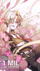  1other allium_(flower) androgynous animification artist_name black_hair black_jacket black_pants black_sclera black_skin book collared_shirt colored_sclera colored_skin commentary copyright_name crown curtained_hair english_commentary english_text flower green_eyes heterochromia highres holding holding_book jacket long_sleeves looking_at_viewer lucylee158 milestone_celebration minecraft_youtube mismatched_sclera multicolored_hair multicolored_skin necktie open_mouth other_focus pants pointy_ears purple_flower ranboo red_eyes red_necktie shirt short_hair smile solo split-color_hair split-color_skin suit tulip two-tone_hair two-tone_skin white_hair white_shirt white_skin 