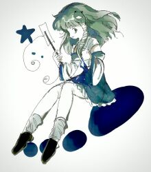  1990s_(style) 1girl 6osquet ankle_socks aqua_skirt black_shoes detached_sleeves faux_retro_artstyle floating_hair fluffy_hair frilled_skirt frills frog_hair_ornament full_body gohei green_eyes green_hair grin hair_ornament hair_tubes hands_up holding holding_gohei invisible_chair kochiya_sanae limited_palette long_sleeves looking_at_viewer looking_to_the_side medium_hair miniskirt nontraditional_miko pale_skin print_skirt retro_artstyle shirt shoes sidelocks simple_background single_hair_tube sitting skirt sleeveless sleeveless_shirt smile socks solo star_(symbol) touhou vignetting white_background white_shirt white_sleeves white_socks wide_sleeves 