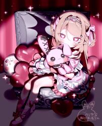  1girl bow brown_hair debitto_(makaino_ririmu) dress frilled_dress frills hair_bow hair_intakes heart heart-shaped_pupils highres holding holding_stuffed_toy jian_jing long_hair looking_at_viewer makaino_ririmu nijisanji official_alternate_costume pink_eyes pointy_ears sitting solo stuffed_animal stuffed_rabbit stuffed_toy symbol-shaped_pupils tiara virtual_youtuber watermark white_dress 