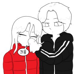  1boy 1girl blowing_nose closed_eyes commentary down_jacket jacket jia_han kkamziru long_hair short_hair song_hyun_min spicy_couple upper_body webtoon 