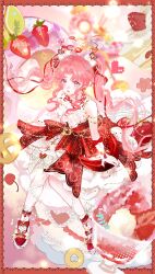  absurdres anklet arm_bow arm_warmers border bow brown_eyes cake cake_slice cherry chinese_commentary commentary_request cookie double_bun dreamtime_bestowed_(infinity_nikki) dress eyelashes floating_hair food food-themed_background footwear_bow frilled_arm_warmers frills fruit hair_bow hair_bun hair_ornament hair_ribbon halftone happy heart heart_hair_ornament highres ice_cream infinity_nikki jewelry layered_dress leg_ribbon light_particles long_hair neck_ribbon nikki_(nikki) nikki_(series) official_alternate_color open_mouth parted_bangs pink_hair pink_ribbon pretzel red_border red_bow red_dress red_ribbon red_shoes ribbon ribbon_earrings shoes sidelocks sijiu_49 sitting sleeveless sleeveless_dress smile spaghetti_strap sprinkles strawberry strawberry_shortcake striped_bow sundae twintails very_long_hair waist_bow wavy_hair white_arm_warmers white_bow white_dress white_ribbon wrist_bow 