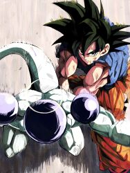  2boys absurdres battle_damage black_eyes black_hair blue_shirt colored_skin dragon_ball dragon_ball_super final_form_frieza frieza halo highres male_focus multiple_boys muscular muscular_male orange_pants pants pato007711 shirt son_goku spiky_hair traditional_halo white_skin 