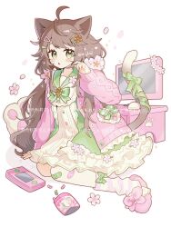  1girl :o absurdres ahoge animal_ears bandaid bandaid_on_leg blush bow bowtie brown_hair candy cardigan cat_ears cat_tail commentary computer_mouse dot_nose dress flower food frilled_caridgan frilled_dress frills full_body green_bow green_bowtie green_dress green_eyes green_sailor_collar hair_flower hair_ornament hairclip hand_up handheld_game_console highres jelly_bean long_hair long_sleeves looking_at_viewer monitor open_cardigan open_clothes open_mouth original parallel_hairclips pink_cardigan pink_slippers pink_socks saijo1201 sailor_collar signature simple_background sitting slippers socks solo striped_clothes striped_socks tail wariza watermark white_background 