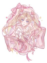  1girl absurdres arm_bow arm_warmers back_bow bare_shoulders beads blonde_hair blue_eyes bow bowtie chinese_commentary closed_mouth colored_eyelashes commentary_request cropped_torso double_bun dreamtime_bestowed_(infinity_nikki) dress frilled_arm_warmers frills hair_between_eyes hair_bow hair_bun hair_ornament hair_over_shoulder hand_up happy heart heart_hair_ornament highres infinity_nikki large_bow light_blush lipstick long_hair makeup nikki_(series) outside_border parted_bangs picture_frame pink_bow pink_dress pink_lips pleated_dress rainbow sleeveless sleeveless_dress smile solo spaghetti_strap sparkle sprinkles striped_bow twintails very_long_hair wavy_hair white_arm_warmers white_background white_bow white_bowtie wrist_bow yishudashizongcai 