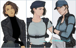  1girl bare_shoulders black_jacket brown_hair commentary english_commentary gun hat jacket jill_valentine multiple_persona open_clothes open_jacket resident_evil resident_evil_1 resident_evil_3:_nemesis resident_evil_3_(remake) resident_evil_5 sardine_(kjr0313) shirt short_hair weapon 