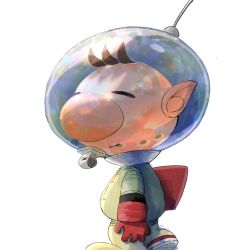  1boy alien antennae backpack bag blue_bag blue_pikmin brown_hair buttons closed_eyes closed_mouth from_behind from_side full_body gloves helmet highres large_nose looking_at_viewer male_focus obake_404 olimar patch pikmin_(series) pointy_ears pointy_nose radio_antenna red_bag red_gloves red_pikmin reflection short_hair simple_background smile solo space_helmet spacesuit very_short_hair whistle white_background yellow_pikmin 