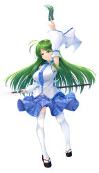  1girl absurdres armpits blush breasts commentary_request detached_sleeves frog frog_hair_ornament full_body geta gohei green_eyes green_hair hair_ornament hair_tubes highres kochiya_sanae large_breasts long_hair long_sleeves looking_at_viewer mountain_of_faith ofuda seiya_(iiseven) single_hair_tube skirt snake snake_hair_ornament solo thigh-highs touhou white_background white_thighhighs 