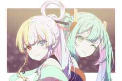  2girls absurdres aqua_eyes aqua_hair blue_eyes blush brown_eyes cho_kaguya-hime! closed_mouth commentary_request cosplay costume_switch hair_rings hatsune_miku heterochromia highres long_hair looking_at_viewer multicolored_hair multiple_girls one_eye_closed ponytail runami_yachiyo sweat thereaakari twintails two-tone_hair vocaloid 