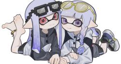  2girls barefoot black-framed_eyewear black_shorts braid closed_mouth commentary_request eyewear_on_head feet inkling inkling_girl inkling_player_character long_hair lying multiple_girls on_stomach purple_hair red_eyes shoes shorts simple_background single_braid smile splatoon_(series) sunglasses tentacle_hair teolog_spl tinted_eyewear violet_eyes white_background yellow-framed_eyewear yellow-tinted_eyewear 