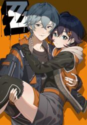 1boy 1girl belle_(zenless_zone_zero) brother_and_sister carrying carrying_person short_hair siblings wise_(zenless_zone_zero) zenless_zone_zero