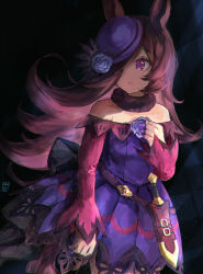 1girl absurdres animal_ears bare_shoulders blue_dress blue_flower blue_hat blue_rose breasts brown_hair dagger dress flipped_hair flower fur_choker hair_over_one_eye hat hat_flower highres horse_ears horse_girl horse_tail knife long_hair long_sleeves off-shoulder_dress off_shoulder ootato parted_lips rice_shower_(rosy_dreams)_(umamusume) rice_shower_(umamusume) rose sheath sheathed small_breasts solo tail tilted_headwear umamusume violet_eyes weapon 