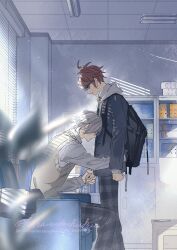  2boys ahoge alternate_costume aotsuki_eito backpack bag black_bag black_gloves black_streaks blue_eyes blurry blurry_foreground cellphone commentary_request couch glasses gloves grey_hair grey_jacket grey_pants grey_sweater_vest hand_on_another's_back hikarudaihuku holding_hands hood hoodie indoors jacket jacket_over_hoodie leaning_forward looking_at_another male_focus multicolored_hair multiple_boys pants phone plaid_clothes plaid_pants red_hair shirt short_hair single_glove sitting smartphone streaked_hair sumino_takumi sweater_vest table the_hundred_line_-last_defense_academy- twitter_username two-tone_hair unworn_jacket watermark white_hoodie white_shirt 