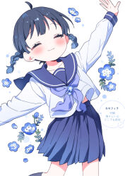  1boy :3 ahoge black_socks blue_flower blue_hair blue_sailor_collar blue_skirt blush braid buchi_(y0u0ri_) closed_eyes closed_mouth collarbone commentary floral_background flower flower_ornament highres leg_up neckerchief nemophila_(flower) original outstretched_arms pleated_skirt purple_neckerchief sailor_collar school_uniform serafuku shirt short_hair skirt sleeve_cuffs smile socks solo spread_arms twin_braids white_background white_shirt 
