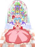  1girl bat_wings blouse blue_hair blush buttons checkered checkered_floor closed_eyes eyes_closed flower frills halo hands_on_own_chest hands_together hat hat_ribbon light remilia_scarlet ribbon seiza short_sleeves sitting skirt smile solo stained_glass touhou umi_suzume wall window wings 