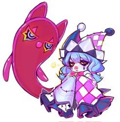  1girl clown commentary green_hair hat highres jester jester_cap jester_costume league_of_legends long_hair long_sleeves looking_at_viewer makeup red_eyes red_nose sayomi_96 simple_background vex_(league_of_legends) vex_shadow_(league_of_legends) white_background wide_sleeves yordle 