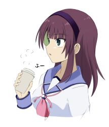 1girl angel_beats! blunt_bangs commentary cropped_torso cup disposable_cup from_side green_eyes hairband hand_up highres holding holding_cup lelie_(lelie_link) looking_ahead medium_hair nakamura_yuri neckerchief parted_lips pink_neckerchief profile purple_hair purple_hairband shirt sidelocks simple_background sketch solo sound_effects steam straight_hair upper_body white_background white_shirt 