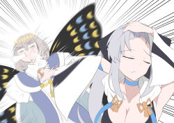  1boy 1girl absurdres black_bow blue_choker bow braid butterfly_wings choker closed_eyes commentary_request fate/grand_order fate_(series) hair_between_eyes hair_bow half_up_braid highres ice_choco_maker insect_wings long_hair meme morgan_le_fay_(fate) morgan_le_fay_(second_ascension)_(fate) naoya_hitting_choso_without_looking_(meme) oberon_(fate) oberon_(first_ascension)_(fate) ponytail short_hair simple_background very_long_hair white_background white_hair wings 