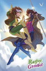  1boy 1girl acecore2k armored_boots belt big_hair black_belt black_sclera blue_boots blue_sky bo_staff bodysuit boots brown_coat brown_hair brown_jacket character_name clouds coat colored_sclera commentary couple covered_abs english_commentary eye_contact full_body gambit gloves green_bodysuit green_headband hand_on_another's_hand headband hetero highres holding holding_staff holding_weapon jacket long_hair looking_at_another marvel multicolored_bodysuit multicolored_hair muscular muscular_male open_mouth pink_lips red_eyes rogue_(x-men) sky smile staff sticker superhero_costume teeth trench_coat two-tone_bodysuit weapon white_hair x-men yellow_bodysuit yellow_boots yellow_gloves 