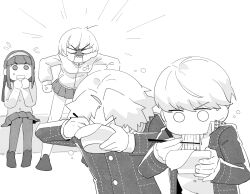  2boys 2girls amagi_yukiko angry blank_eyes chopsticks clenched_hand collared_shirt commentary eating food greyscale hanamura_yousuke highres holding holding_chopsticks holding_food instant_cup_noodles instant_noodles jacket kkyagdoyo164972 long_hair long_sleeves looking_at_another monochrome multiple_boys multiple_girls narukami_yu open_clothes open_jacket open_mouth pants persona persona_4 pleated_skirt satonaka_chie school_uniform shirt short_hair simple_background sitting skirt standing untranslatable_commentary white_background yasogami_school_uniform 