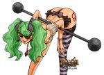  bad_id bent_over blue_eyes bow bracelet copyright_request earrings eyepatch green_hair hair_bow heart jewelry joey_joey_joey lips necklace panties pirate single_thighhigh smile striped striped_legwear tattoo thighhighs thong twintails underwear 