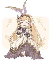  1girl ascot blonde_hair closed_eyes commentary_request cup dress drinking earrings full_body gloves granblue_fantasy granblue_fantasy:_relink harvin holding holding_saucer jewelry long_hair maglielle_(granblue_fantasy:_relink) meshiya pointy_ears saucer solo 