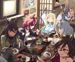  6+girls =_= agnes_digital_(casual)_(umamusume) agnes_digital_(umamusume) ahoge animal_ears arms_up black-framed_eyewear black_choker black_hair black_jacket black_shirt blonde_hair blue_eyes blue_hair blue_vest bow brown_hair carrot choker chopsticks colored_inner_hair commentary_request cropped_shirt cup dark-skinned_female dark_skin earrings eyepatch facing_up food glasses green_jacket grey_hair griddle hair_between_eyes hair_bow hishi_miracle_(casual)_(umamusume) hishi_miracle_(umamusume) holding holding_cup horse_ears horse_girl jacket jewelry long_hair medium_hair multicolored_hair multiple_girls necklace neo_universe_(casual)_(umamusume) neo_universe_(umamusume) okonomiyaki pink_hair pink_shirt purple_hair red_bow red_shirt revision shirt short_hair single_earring sitting streaked_hair sweater_vest swept_bangs symboli_kris_s_(casual)_(umamusume) symboli_kris_s_(umamusume) tanino_gimlet_(casual)_(umamusume) tanino_gimlet_(umamusume) tap_dance_city_(umamusume) umamusume umekobucha vest violet_eyes white_hair yellow_eyes zenno_rob_roy_(casual)_(umamusume) zenno_rob_roy_(umamusume) 