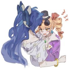  2girls angry blue_bow blue_hair blush bow bracelet clothes_grab commentary_request dress drill_hair earrings eyewear_on_head gold_bracelet grabbing_another's_shirt grey_hoodie hair_ribbon hat hood hoodie jacket jewelry long_sleeves looking_at_another multiple_girls open_clothes open_jacket open_mouth orange_hair purple_jacket rddumpling ribbon round_eyewear short_sleeves sunglasses touhou twin_drills upper_body white_background white_dress yorigami_jo'on yorigami_shion 