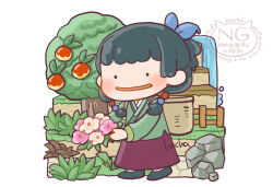  ._. 1girl aoqun artist_name backpack_basket basket beads bush chinese_clothes commentary_request ditto flower food fruit green_hair green_hanfu hair_beads hair_ornament half_updo hanfu hecha holding holding_flower kusuriya_no_hitorigoto long_sleeves maomao_(kusuriya_no_hitorigoto) open_mouth pokemon pokemon_pokopia purple_skirt rock skirt smile solo transformed_ditto tree water waterfall 