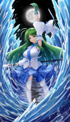  1girl absurdres armpits blush breasts commentary_request detached_sleeves frog frog_hair_ornament gohei green_eyes green_hair hair_ornament hair_tubes highres kochiya_sanae large_breasts long_hair long_sleeves looking_at_viewer moon mountain_of_faith night ocean ofuda seiya_(iiseven) single_hair_tube skirt snake snake_hair_ornament solo thigh-highs touhou water white_thighhighs 