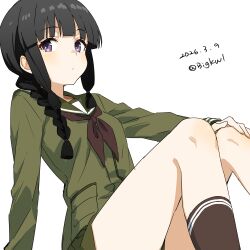  1girl absurdres bigkwl blunt_bangs blush brown_neckerchief brown_socks closed_mouth commentary dated dated_commentary feet_out_of_frame green_sailor_collar green_serafuku green_shirt green_skirt hand_on_own_knee highres kantai_collection kitakami_(kancolle) knees_up long_sleeves looking_at_viewer miniskirt neckerchief one-hour_drawing_challenge sailor_collar school_uniform serafuku shirt sidelocks simple_background sitting skirt socks solo striped_clothes striped_socks twitter_username violet_eyes white_background 