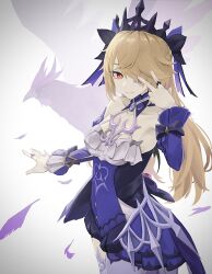  1girl bird black_ribbon blonde_hair breasts closed_mouth commentary_request crow detached_sleeves eyepatch feathers fischl_(ein_immernachtstraum)_(genshin_impact) fischl_(genshin_impact) genshin_impact hair_over_one_eye hair_ribbon highres jewelry long_hair looking_at_viewer nium_404 oz_(genshin_impact) purple_sleeves red_eyes ribbon ring simple_background single_leg_pantyhose single_thighhigh small_breasts solo thigh-highs tiara w 