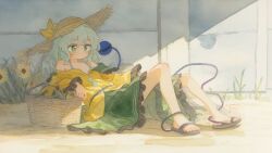  1girl amesya2018 eyeball feet flower frilled_skirt frills full_body grass green_eyes green_hair green_skirt hat knees knees_up komeiji_koishi light_blush lying medium_hair off-shoulder_shirt off_shoulder on_back outdoors sandals shadow shirt sidelighting skirt slides solo straw_bag straw_hat summer sun_hat sunflower third_eye touhou white_shirt 