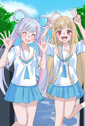  2girls ^_^ ahoge blonde_hair blue_neckerchief blue_skirt blush cho_kaguya-hime! closed_eyes colored_inner_hair commentary_request day double_v hair_rings hands_up highres kuribou long_hair multicolored_hair multiple_girls neckerchief open_mouth outdoors pink_hair pleated_skirt red_eyes runami_yachiyo sailor_collar sakayori_iroha school_uniform serafuku shirt sidelocks skirt teeth twintails upper_teeth_only v white_hair white_sailor_collar white_shirt 