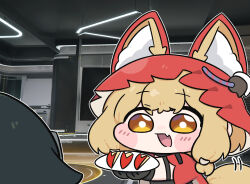  2girls :d animal_ear_fluff animal_ears apple apple_slice arknights arknights:_endfield beleullin blonde_hair brown_eyes cape chibi chibi_only commentary_request ears_through_headwear endministrator_(arknights) fang female_endministrator_(arknights) food fruit highres holding holding_plate hood hood_up hooded_cape korean_commentary multiple_girls open_mouth plate red_cape rossi_(arknights) skin_fang smile tail 