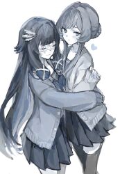  2girls alternate_costume arms_around_back arms_around_waist black_hair black_skirt black_thighhighs blush buttons cardigan closed_eyes closed_mouth columbina_(genshin_impact) eye_mask genshin_impact greyscale hair_bun hair_flaps hair_ornament hair_ribbon hashtag-only_commentary heart highres hug hyemk long_hair long_sidelocks long_sleeves mask monochrome multiple_girls multiple_wings open_cardigan open_clothes pleated_skirt ribbon sandrone_(genshin_impact) school_uniform see-through_clothes see-through_mask short_hair short_hair_with_long_locks sidelocks skirt smile sweater thigh-highs v-neck very_long_hair white_wings wing_hair_ornament wings x-shaped_eyewear yuri 