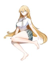  1girl absurdres barefoot blonde_hair breasts cropped_shirt durandal_(honkai_impact) grey_necktie grey_skirt hair_between_eyes highres honkai_(series) honkai_impact_3rd large_breasts long_hair necktie parted_lips plaid_clothes plaid_necktie plaid_skirt pleated_skirt shirt short_sleeves simple_background skirt solo spicyy thighs very_long_hair white_background white_shirt yellow_eyes 