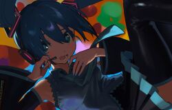  1girl adjusting_headset bare_shoulders black_skirt black_thighhighs blue_eyes blue_nails blue_necktie blush colorful_background dark detached_sleeves dutch_angle falling floating_hair hair_ornament hands_up hatsune_miku looking_at_viewer lower_teeth_only nail_polish necktie open_mouth raised_inner_eyebrows shadow shiny_clothes shiny_legwear skirt solo straight_hair teeth thigh-highs twintails vocaloid wawasuke 