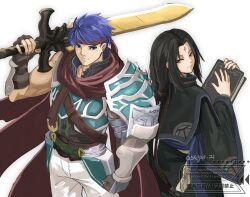  2boys absurdres armor asagao_21 black_hair blue_eyes blue_hair book capelet clenched_hand closed_mouth commentary_request facial_mark fire_emblem fire_emblem:_radiant_dawn forehead_mark highres holding holding_book holding_sword holding_weapon ike_(fire_emblem) ike_(vanguard_legend)_(fire_emblem) long_hair male_focus multiple_boys official_alternate_costume over_shoulder red_eyes short_hair soren_(fire_emblem) sword sword_over_shoulder weapon weapon_over_shoulder 