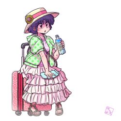  1girl bottle brown_eyes brown_sandals commentary flower full_body handkerchief hat highres holding holding_bottle holding_handkerchief long_skirt on_suitcase open_mouth pink_shirt pink_skirt ranma_1/2 rolling_suitcase sandals shirt short_hair sitting skirt solo straw_hat striped_clothes striped_shirt suitcase sunflower sweat tendou_akane wanta_(futoshi) white_background 