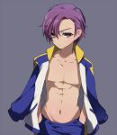  character_request collarbone hands_in_pockets inazuma_eleven inazuma_eleven_(series) inazuma_eleven_go jacket_on_shoulders jacket_over_shoulders male mataro minamisawa_atsushi navel shirtless short_hair simple_background solo standing 