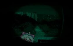  1girl ahoge bow carlotta_(wuthering_waves) chibi chibi_only closed_mouth commentary_request fisheye greyscale highres korean_commentary looking_at_viewer monochrome monyami no_i'm_not_a_human parody red_eyes short_hair solo striped_bow wuthering_waves 