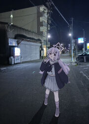  1girl ahoge blue_archive full_body hair_ornament halo hand_up highres jacket lamppost long_hair long_sleeves looking_at_viewer meru1178 midriff_peek multicolored_hair night open_mouth outdoors photo_background pink_hair pleated_skirt purple_hair reisa_(blue_archive) road sailor_collar school_uniform skirt socks solo standing star_(symbol) star_hair_ornament street striped_clothes striped_socks twintails two-tone_hair v violet_eyes 