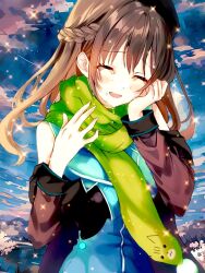  1girl :d ^_^ angel_maker animal_print aqua_dress black_hat blue_sky blush braid brown_hair cat_print closed_eyes clouds commentary crying day dress floating_hair green_scarf hair_between_eyes half_up_braid hand_on_own_cheek hand_on_own_face hands_up happy happy_tears hat heaven_burns_red highres light_particles long_hair long_sleeves ooshima_ichiko open_mouth outdoors print_scarf scarf sidelocks sky smile solo sparkle tears upper_body 