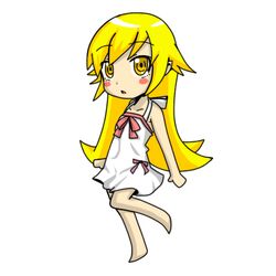  1girl bakemonogatari bare_shoulders barefoot blonde_hair blush_stickers dress long_hair monogatari_(series) nisemonogatari oshino_shinobu pointy_ears solo yellow_eyes 