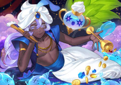  1boy :q androgynous arabian_clothes armlet bare_arms bare_shoulders belt black_background black_jacket blue_belt blue_gem blue_trim chalice clouds coin collarbone colored_eyelashes commentary cookie_run cookie_run:_ovenbreak cup dark-skinned_male dark_skin double-parted_bangs duster elbow_rest english_commentary feet_out_of_frame food-themed_hat gem gold_armlet gold_necklace hair_between_eyes hand_fan hand_on_own_cheek hand_on_own_face hands_up hat holding holding_cup holding_fan humanization jacket jewelry long_hair looking_at_viewer magic_lamp_(cookie_run) male_focus naked_jacket necklace no_sclera open_clothes open_jacket pants pectorals puffy_pants purple_hair raised_eyebrows reclining simple_background sitting sleeveless sleeveless_jacket solo sparkle star_(symbol) tongue tongue_out ultracat very_dark_skin violet_eyes white_eyelashes white_hat white_pants yogurt_cream_cookie yokozuwari 