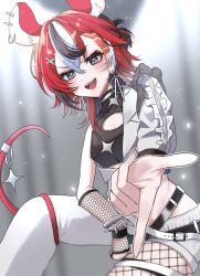  1girl animal_ears black_hair blue_eyes breasts fishnets hair_ornament hakos_baelz hakos_baelz_(6th_costume) highres hololive hololive_english long_hair looking_at_viewer mebii_amam mouse_ears mouse_girl mouse_tail multicolored_hair navel official_alternate_costume red_hair sharp_teeth snake_eyes_(hakos_baelz) solo streaked_hair tail teeth virtual_youtuber white_hair 