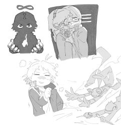  3boys closed_eyes closed_mouth falling fire greyscale hanamura_yousuke headphones highres holding holding_kunai holding_weapon in_locker jacket jiraiya_(persona_4) kkyagdoyo164972 kunai long_sleeves lying male_focus monochrome multiple_boys multiple_views narukami_yu on_stomach open_clothes open_jacket open_mouth persona persona_(summon) persona_4 school_uniform shirt short_hair simple_background sweat tarot the_magician_(tarot) upper_body weapon white_background yasogami_school_uniform 